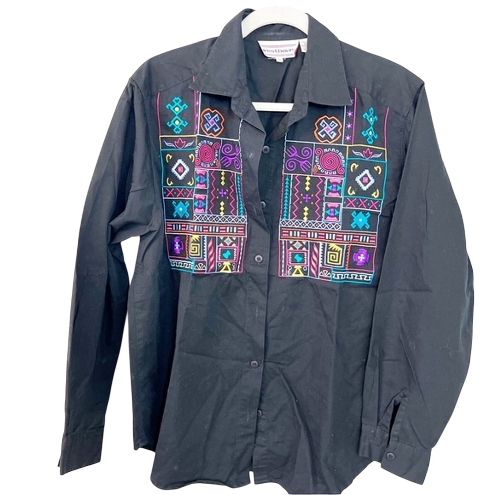 Westbound Womens Medium Black Cotton Embroidered Southwestern Button Up Shirt